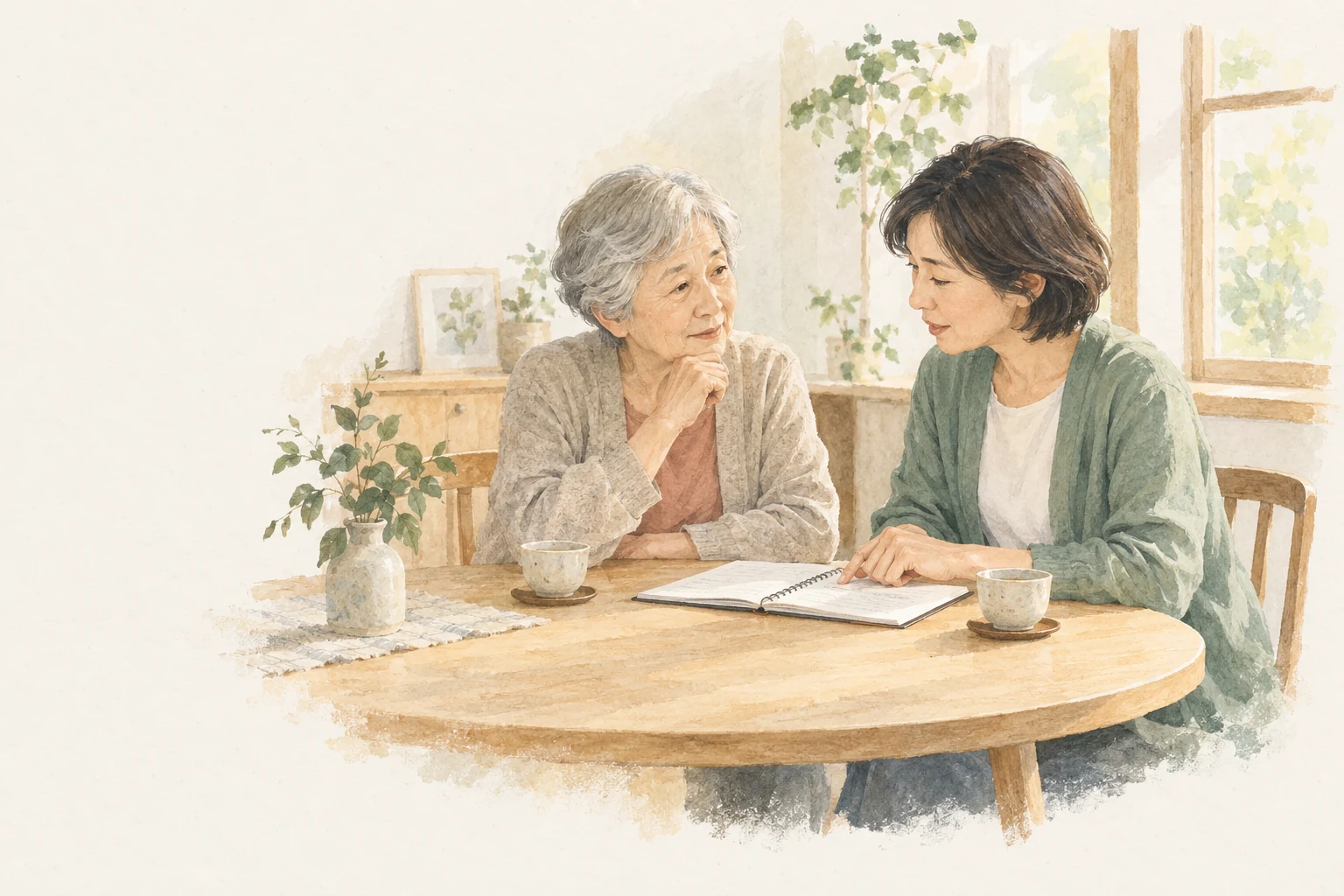 食卓でノートを開き、これからの暮らしを話し合う母と娘
